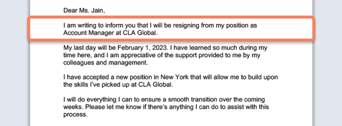 Une lettre de démission avec le paragraphe où l'employé dit qu'il démissionne rebondissant.