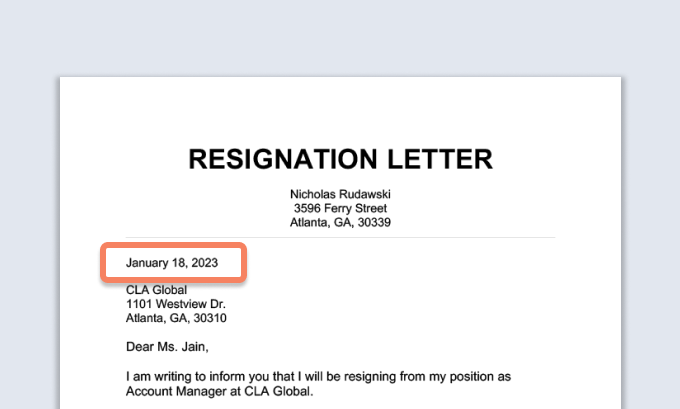 Une lettre de démission avec le rebond fecha.