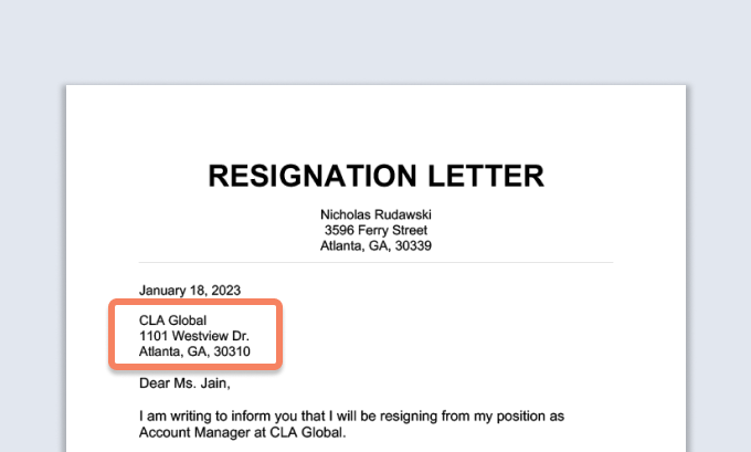 Une lettre de démission avec l'adresse de l'entreprise en circulation.