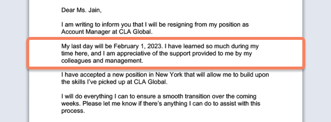 Une lettre de démission du paragraphe où l'employé mentionne quand ce sera son dernier jour.