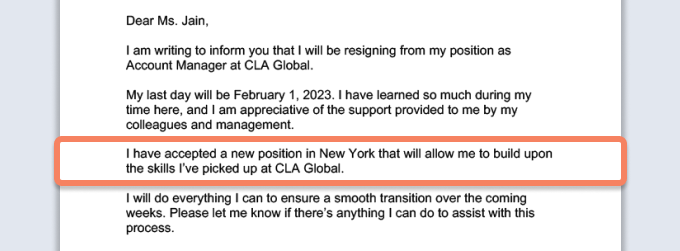 Une lettre de démission où elle se démarque du paragraphe où le salarié mentionne ses motifs de départ.