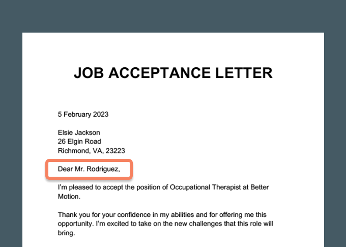 Une lettre d'acceptation de travail sur fond gris avec rebond au nom de l'employeur.