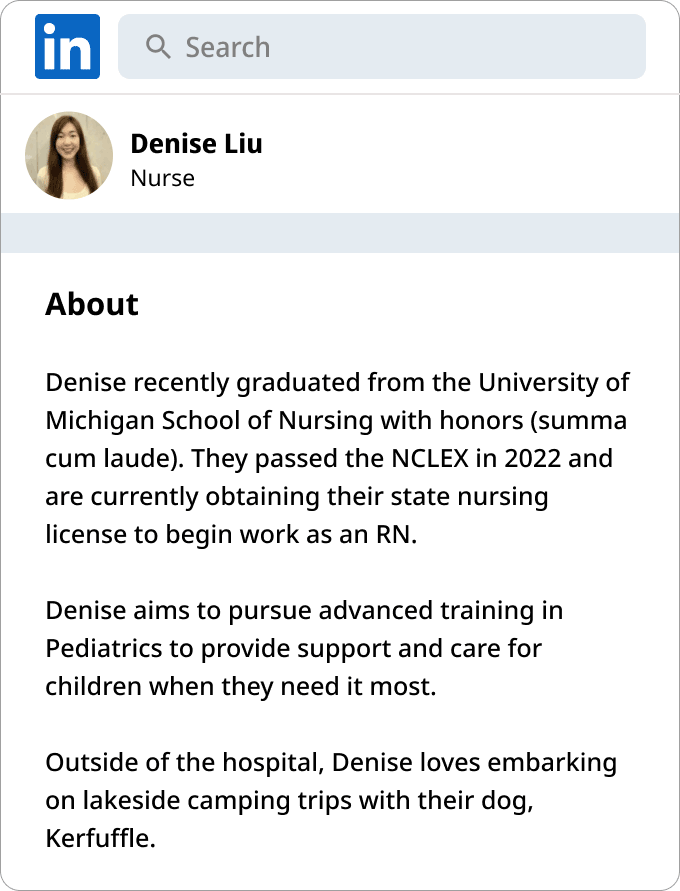 Exemple de biographie professionnelle pour un jeune diplômé d'une école d'infirmières.