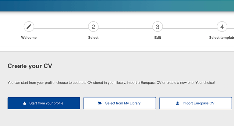 Une page sur le site Europass qui donne aux utilisateurs la possibilité de créer un nouveau CV, de charger un CV, d'en créer un à partir de leur profil ou d'en sélectionner un dans leur bibliothèque.