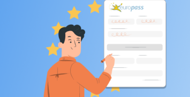 A graphic showing a man against a blue background with a pen in his hand standing in front of a Europass CV.