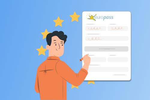 Un graphique qui montre un homme sur fond bleu avec un stylo à la main devant un CV Europass.