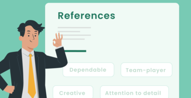 A graphic showing a man standing in front of a page that says "references".